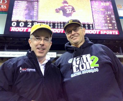 Voice Talents Peter K OConnell and Bob Souer at a Pittsburgh Pirates game in Pittsburgh, PA