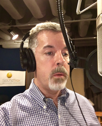 Voice Talent Peter K. O'Connell recording voiceover scripts at Soundtrax Recording Studios in Raleigh, NC