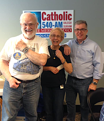 Divine Mercy Radio Board Members Keith Flanary and Betty Rogosich with Volunteer Peter K. O'Connell during the first on-air pledge drive for Catholic 540 AM Divine Mercy Radio in Raleigh, NC, April 2019 