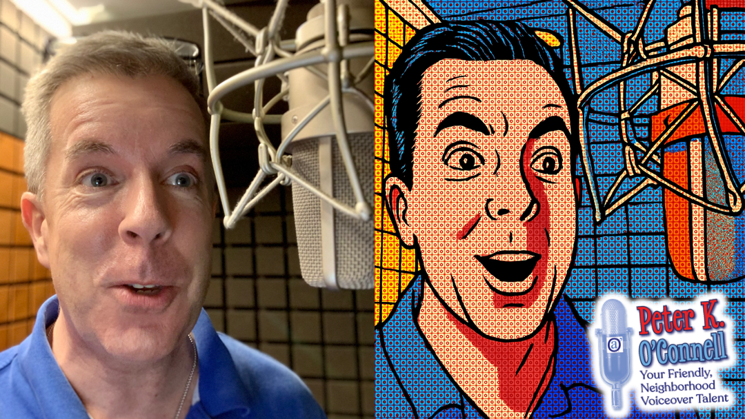 The original headshot of voice actor Peter K. O'Connell with the more comic book look of the voice actor.